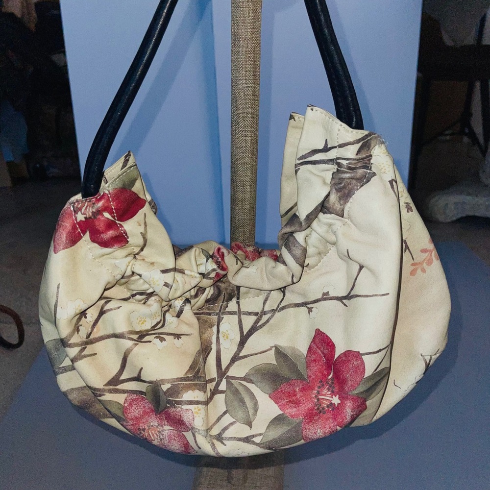 Cole Haan Floral Leather Hobo Shoulder Bag Cream Red Silver Hardware